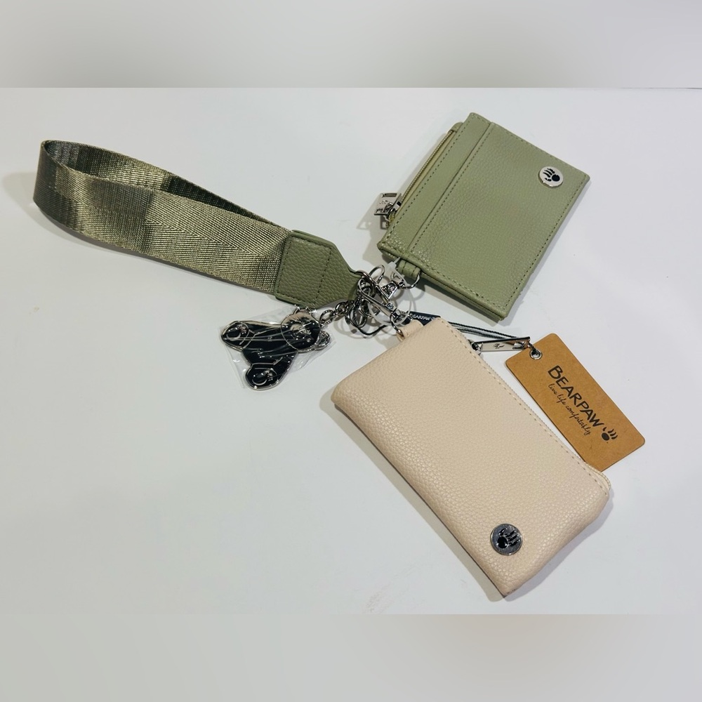 Bearpaw Keychain Wristlet Set / Sage Card Holder and Beige Zip Pouch